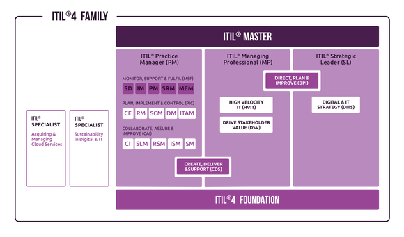 Sobald Sie die Foundation ITIL Zertifizierung besitzen, steht Ihnen der Weg zur ITIL Master Zertifizierung offen. Der ITIL Master setzt sich aus den drei Modulen ITIL Practice Manager, ITIL Managing Professional und ITIL Strategic Leader zusammen. Darin enthalten sind auch die beiden Kurse CDS (Create, Deliver, Support) und DPI (Direct, Plan, Improve).